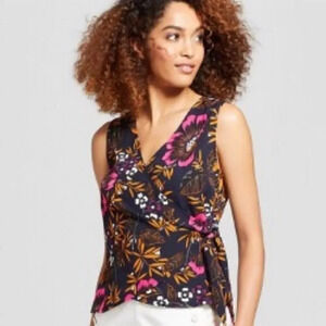 A New Day Floral Print Sleeveless Wrap Blouse